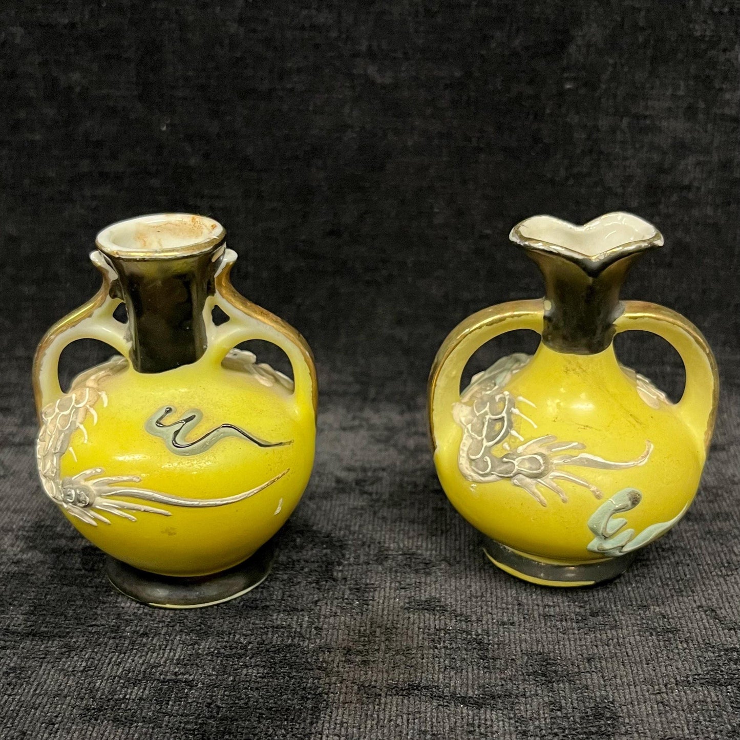 2 Yellow Miniature Dragonware Moriage Vases- Dragons Completely encircle Vase Bottom- Gilded Tops 1940s paper Label Japan - Sold as Set of 2