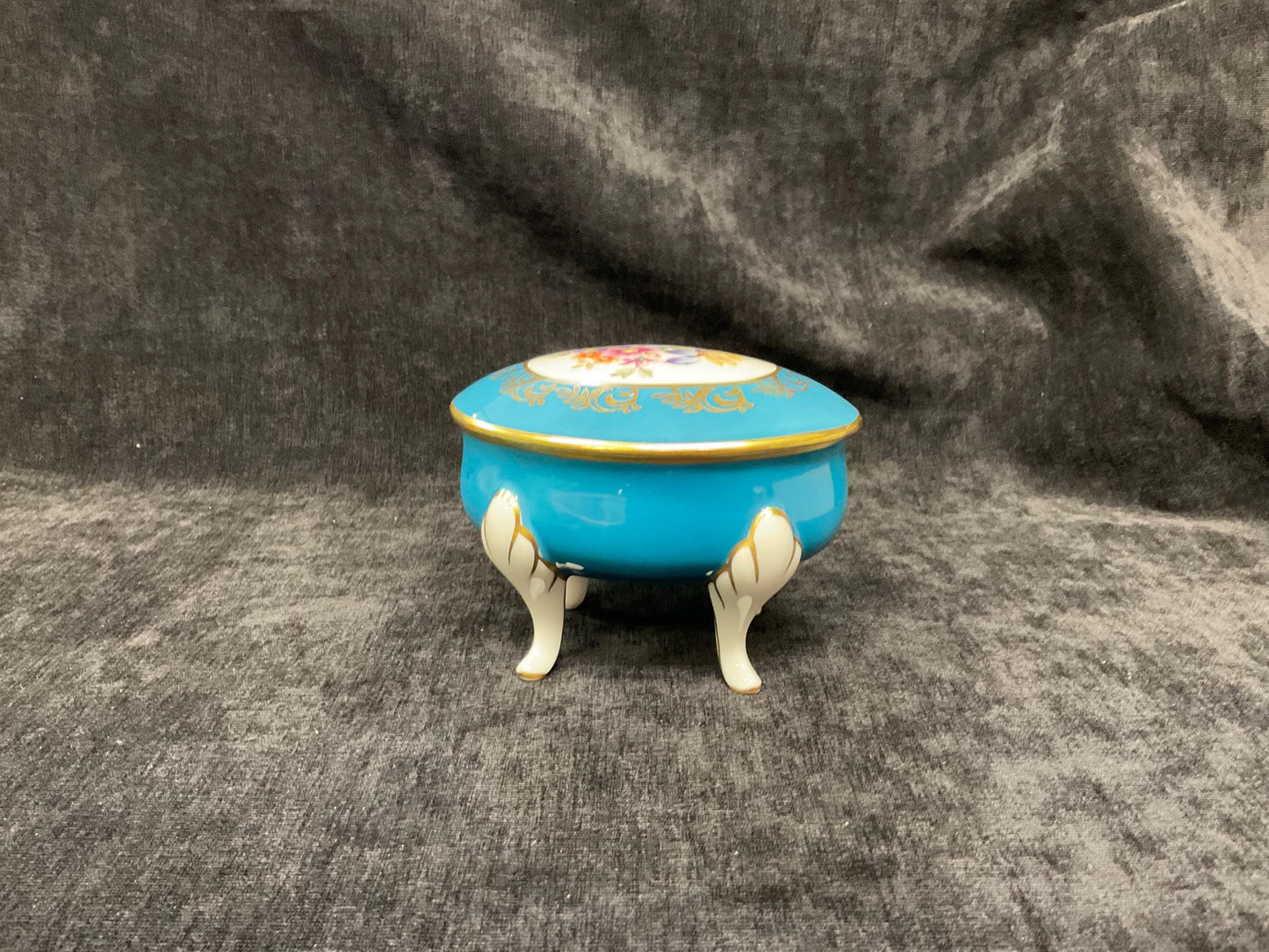 Handpainted JLMenau Graf von Henneberg Porzellan Jewelry/Trinket Dish Made in Germany- Small Gold-edged Footed Bowl With Lid