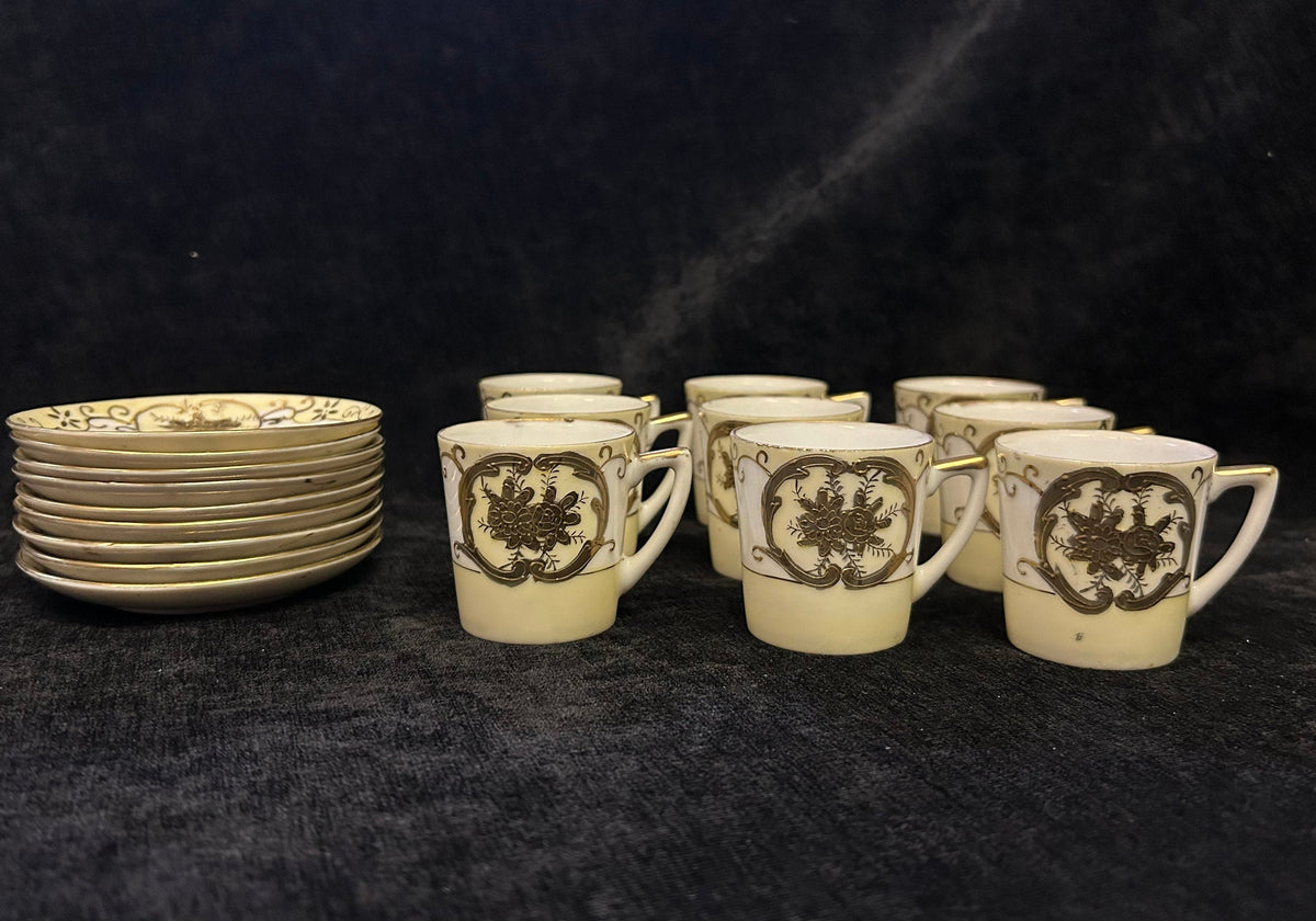 set of Japanese Demitasse Espresso Cup and Saucer - Egg Shell Porcelain - Red Made in Japan Mark - Dainty Liquor Cup
