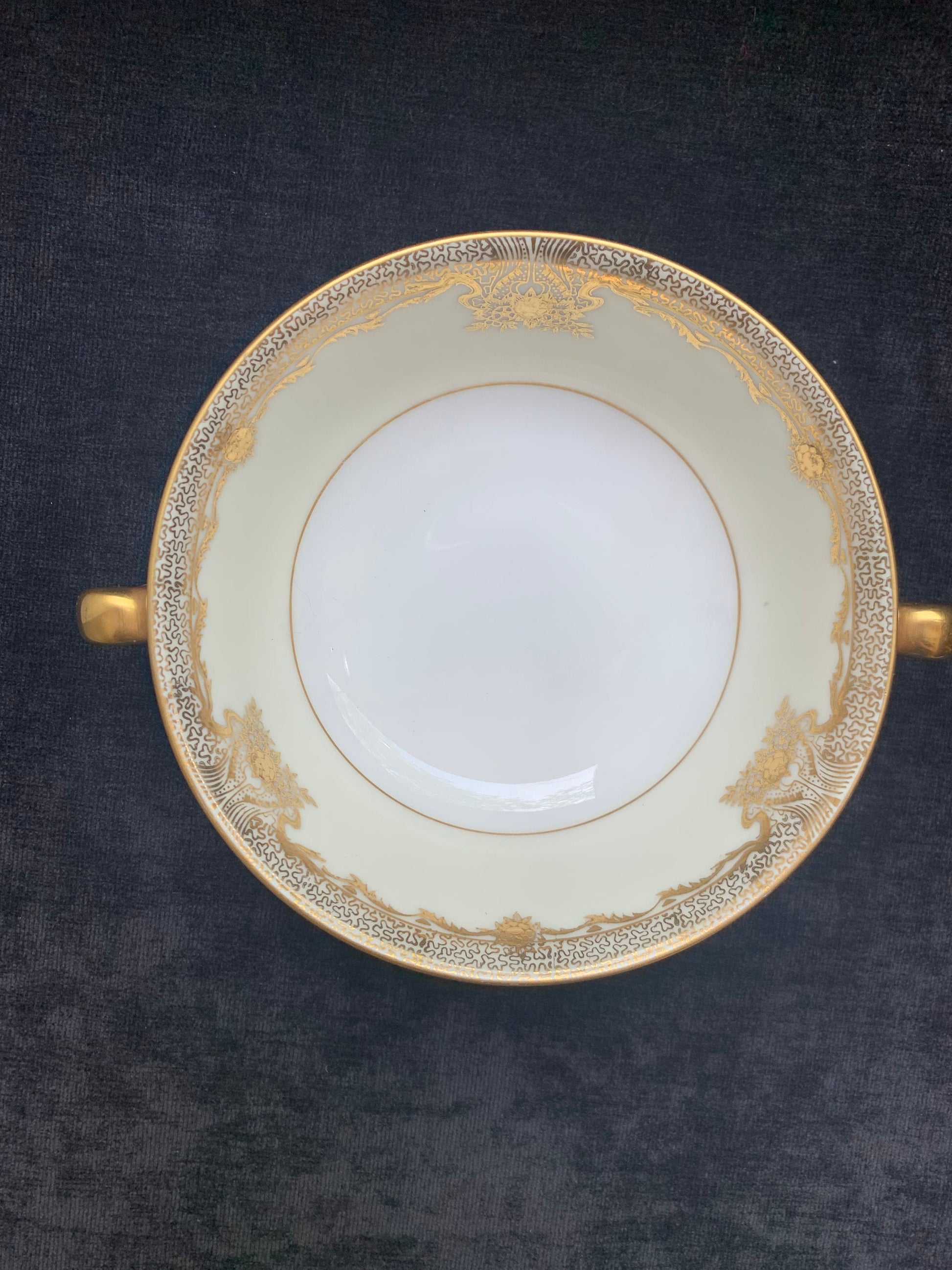Two Handled Soup Bowl Featuring the Goldmar Design From Meito China, top view