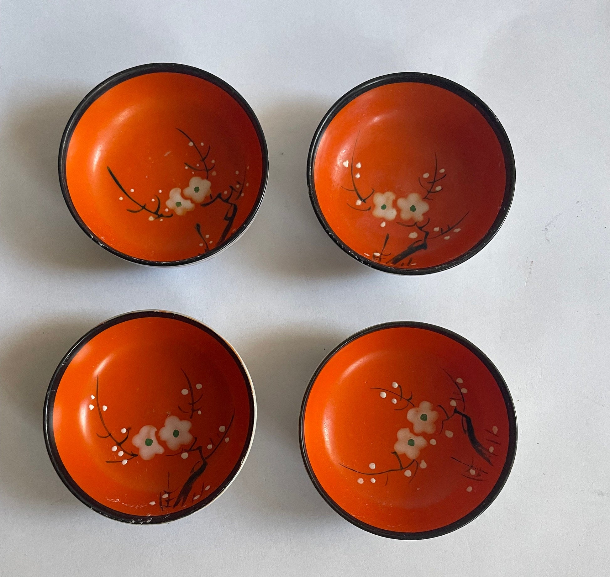 Soy Sauce Dishes with Blue Sometsuke Drawings on outside Baase - Clay Enameled in Morriage Cherry Blossoms  - sold as set of 4 - Vintage 1910