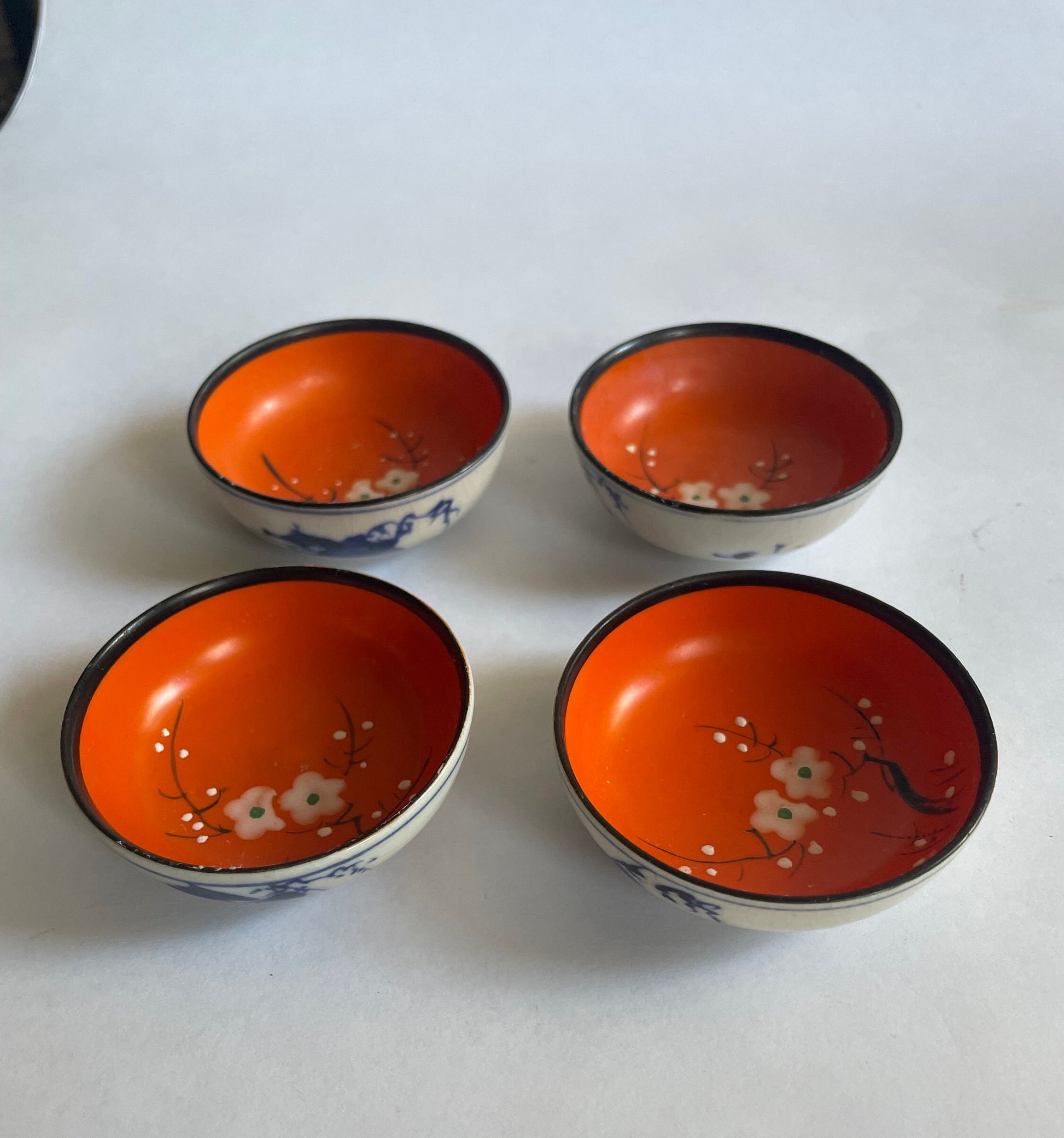 Soy Sauce Dishes with Blue Sometsuke Drawings on outside Baase - Clay Enameled in Morriage Cherry Blossoms  - sold as set of 4 - Vintage 1910  top view