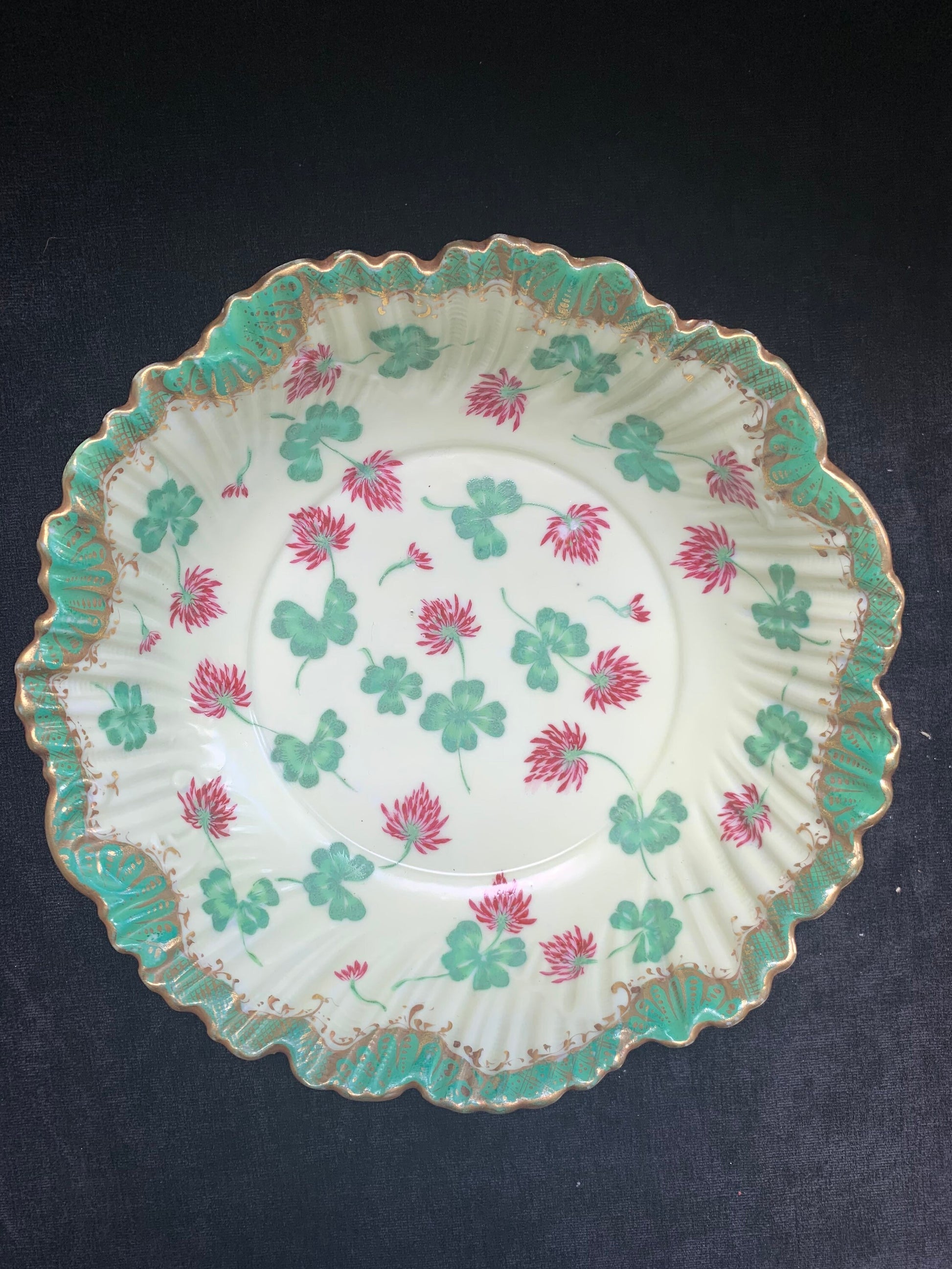 Sweet Clover Design, Hand Painted with Light Green Edged in Gold Serving Bowl/Dish, top view